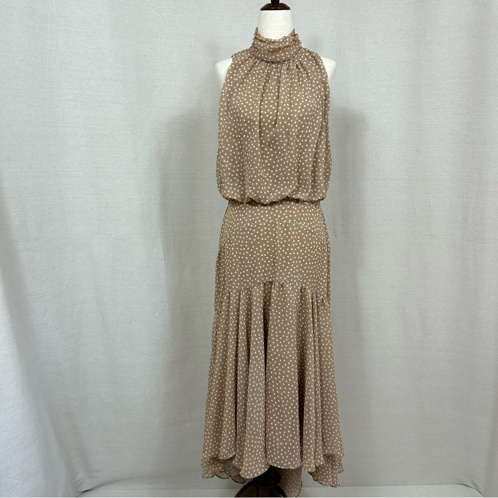 Taylor Taupe Polka Dot High-Low Halter Dress